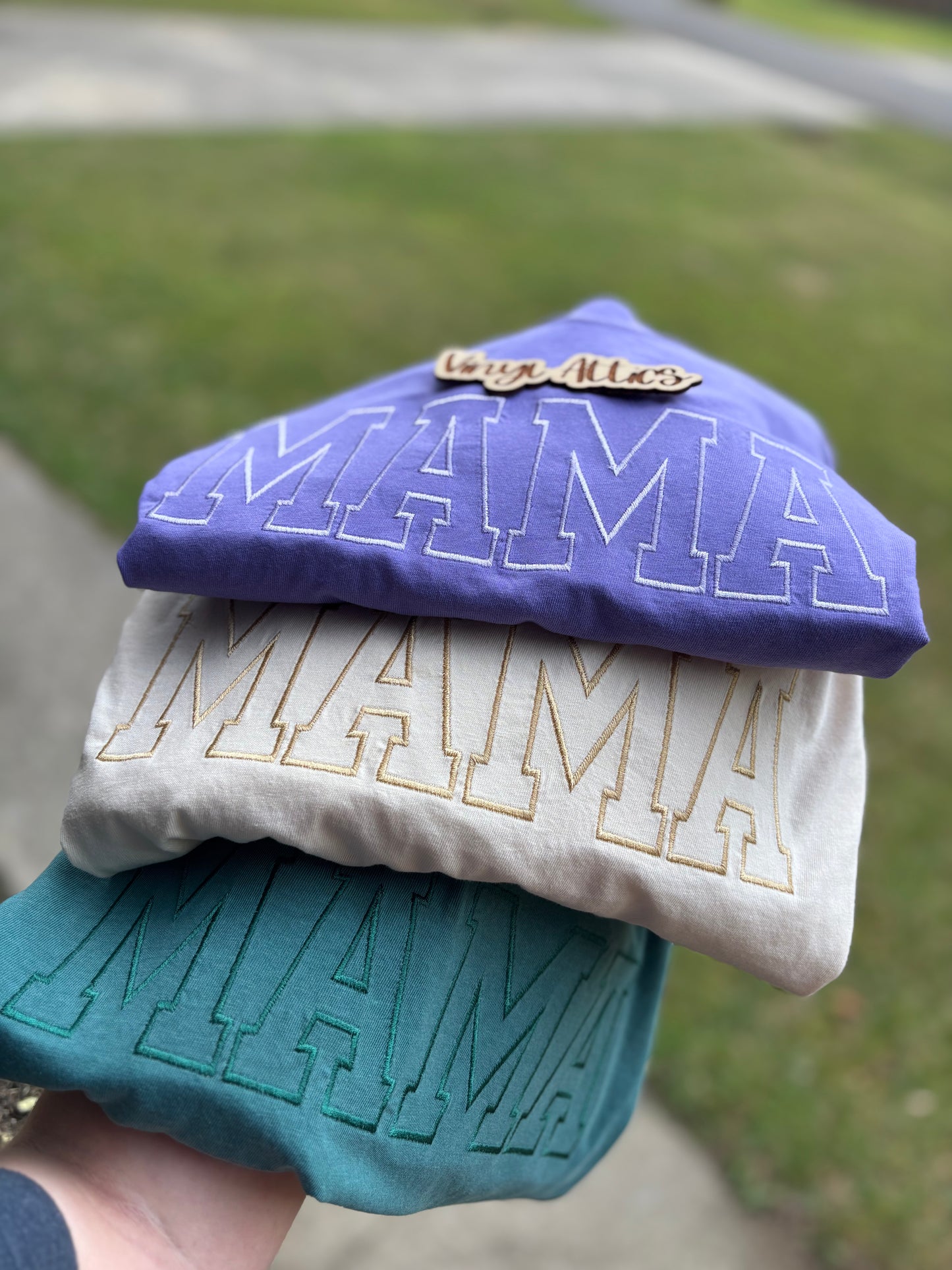 Monochromatic embroidered mama shirts