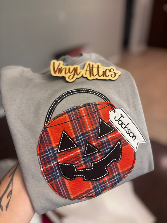 Plaid pumpkin name embroidery kids shirt