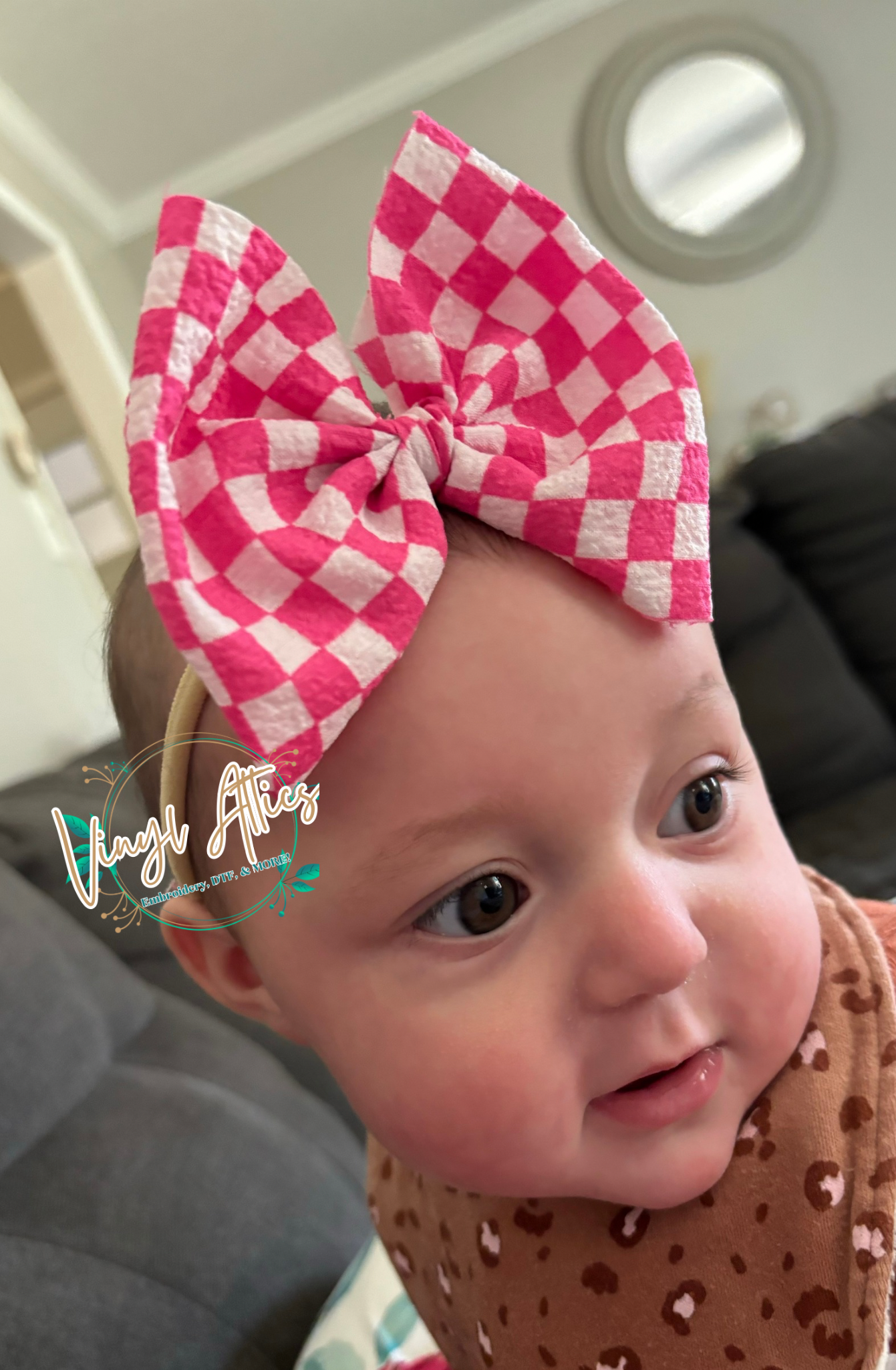 Pink and white checkered bow